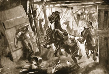 Sargento herrador provisional Cussens extrayendo caballos de establos en los que estalló una bomba